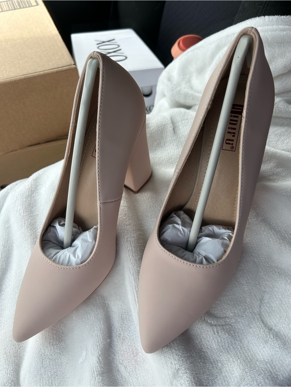 Nude Nubuck colored Pointed Toe Block Heel Pumps